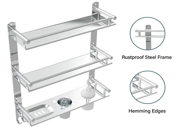 Stainless Steel 3 Layer/3 Tier Multipurpose Bathroom Shelf/Rack/Organizer/Stand/Holder With Double Soap Dish And Toothbrush Holder Tumbler Bathroom Accessories Less