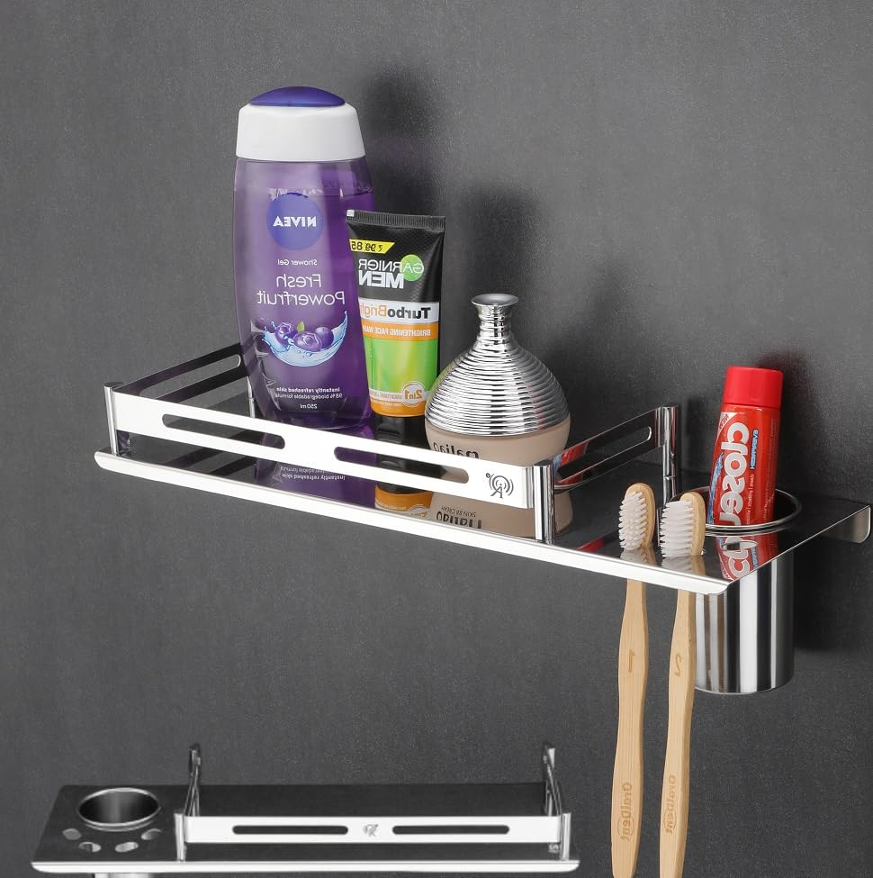 Stainless Steel Bathroom Organizer Shelf | 3 In 1 Bathrom Rack With Toothbrush, Tumbler, & Towel Holder | 15X5 Inch, Silve