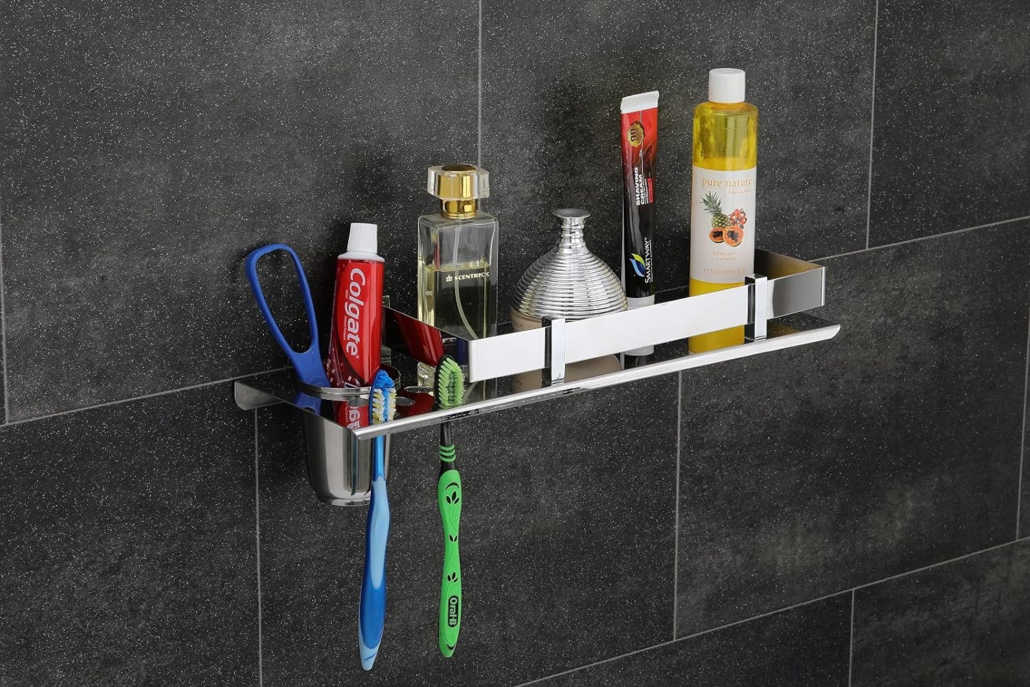 Stainless Steel Bathroom Organizer Shelf | 3 In 1 Bathrom Rack With Toothbrush, Tumbler, & Towel Holder | 15X5 Inch, Silve