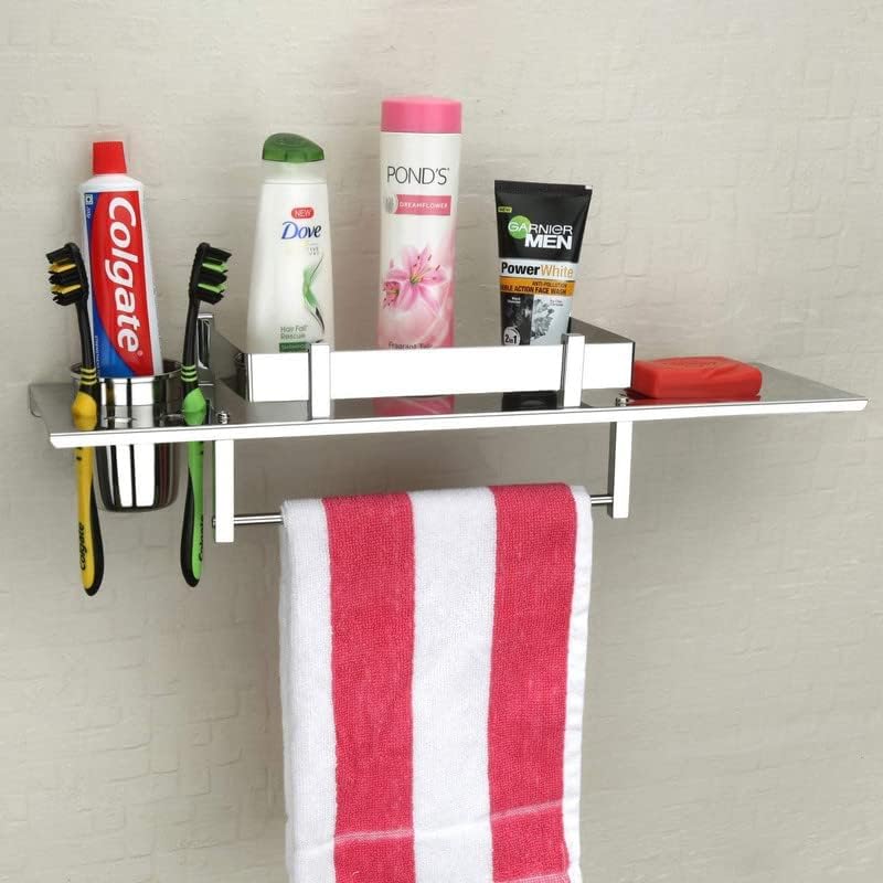 Stainless Steel 4in1 Multipurpose Bathroom Shelf/Rack/Towel Hanger/Tumbler Holder/Soap Dish/Stand/Bathroom Accessories (18 x 5 Inches)