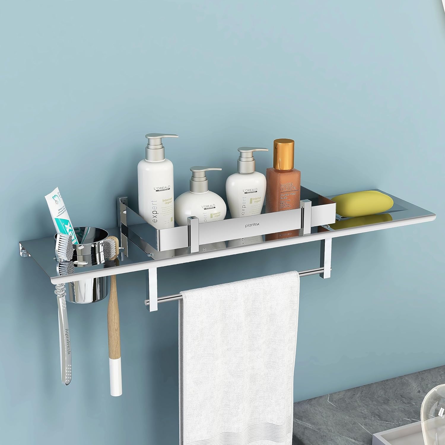 Stainless Steel 4in1 Multipurpose Bathroom Shelf/Rack/Towel Hanger/Tumbler Holder/Soap Dish/Stand/Bathroom Accessories (18 x 5 Inches)